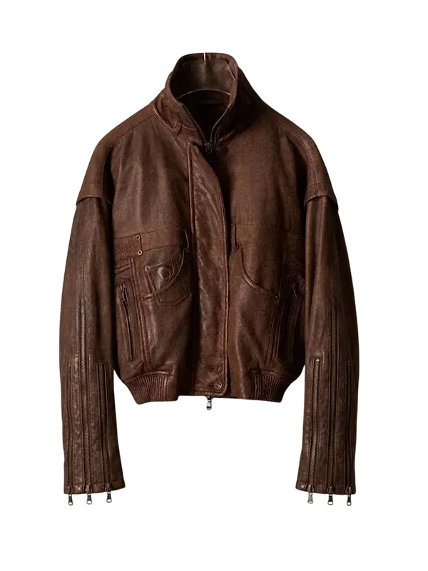 Distressed-Vintage-Leather-Brown-Bomber-Jacket.webp Distressed Vintage Leather Brown Bomber Jacket - Image 1