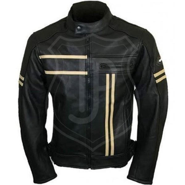 Mens-Black-Retro-Leather-Biker-Jacket.jpg Men's Black Retro Leather Biker Jacket - Image 1