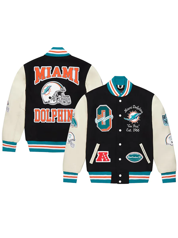 Mens-Miami-Dolphins-OVO-Black-Varsity-Jacket-–-Full-Snap-NFL-Style.webp Men’s Miami Dolphins OVO Black Varsity Jacket - Image 1