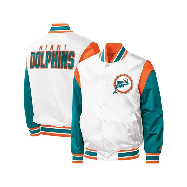 Mens-White-Miami-Dolphins-Throwback-Jacket-–-Starter-Satin-Full-Snap-Varsity-Style.webp Men’s White Miami Dolphins Throwback Jacket - Image 1