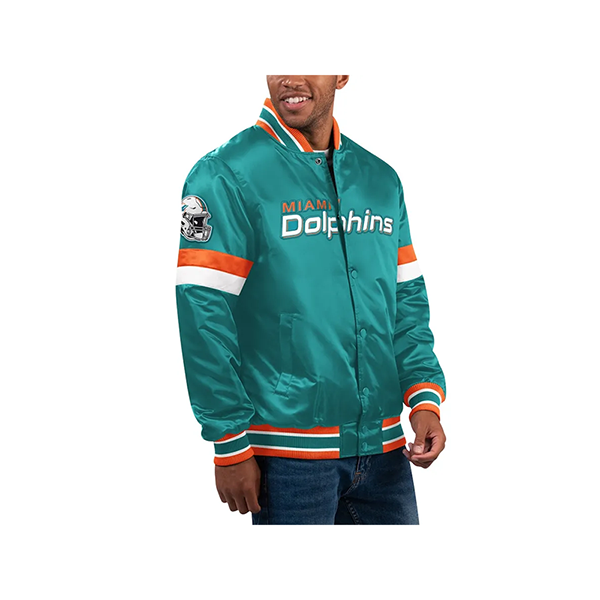 Miami-Home-Game-Full-Snap-Aqua-Dolphins-Starter-Jacket-Varsity-Front-Side.webp Miami Home Game Full-Snap Aqua Dolphins Starter Jacket Varsity - Image 1
