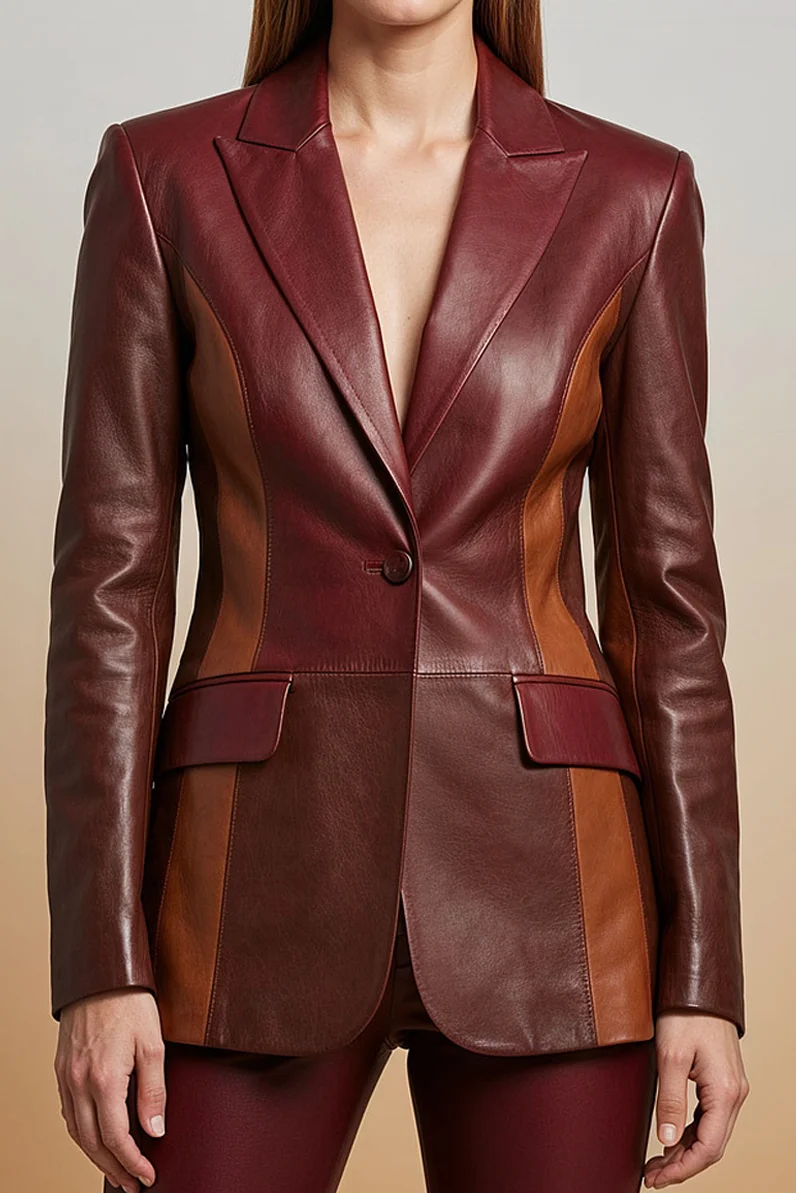 Womens-Burgundy-Two-Tone-Lambskin-Leather-Blazer.webp Women’s Burgundy Two Tone Lambskin Leather Blazer - Image 1