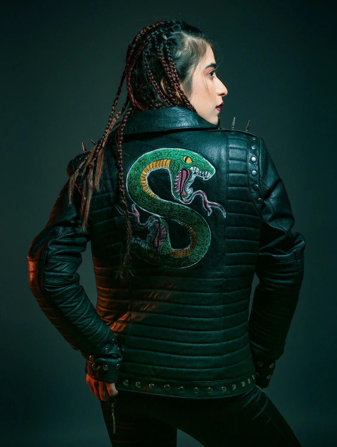 WomensLeatherJacketwithSerpentsPatch_1500x1500.webp Womens Gang Snack Logo Patch Black Leather Jacket - Image 1