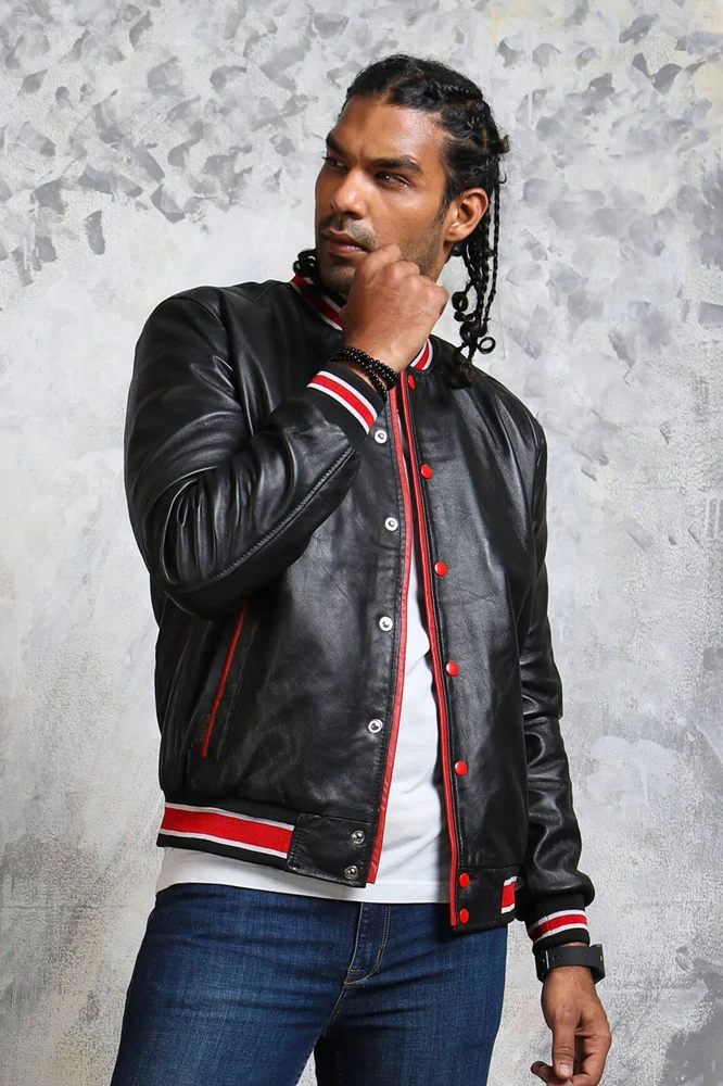 bomber-leather-jacket-with-red-stripes.webp Men's Black and Red Bomber Jacket - Image 1