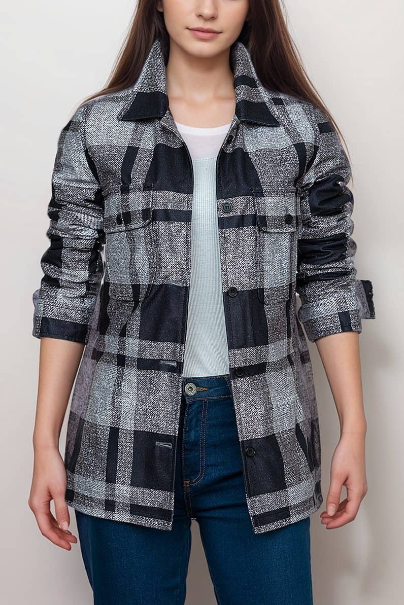 womens-black-and-white-plaid-shirt-jacket-trendy-lightweight-and-versatile-jacket-artisan-03.jpg Women’s Black and White Plaid Shirt Jacket - Image 1